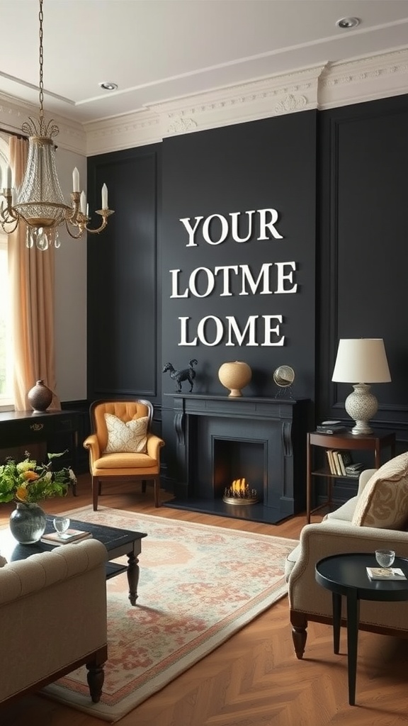 Living room with a matte black accent wall and cozy furniture.