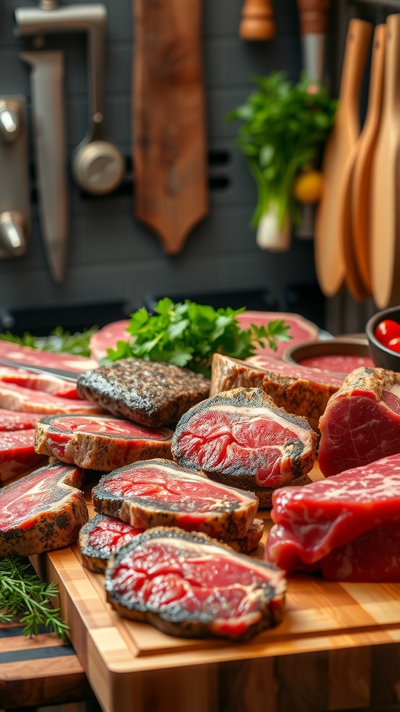 A selection of high-quality steak cuts arranged on a wooden board.
