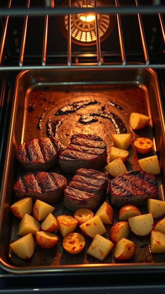 Oven with steak bites and potatoes roasting inside.
