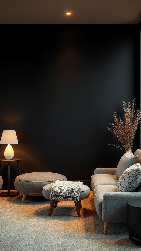 Cozy interior with a matte black accent wall and neutral furniture.