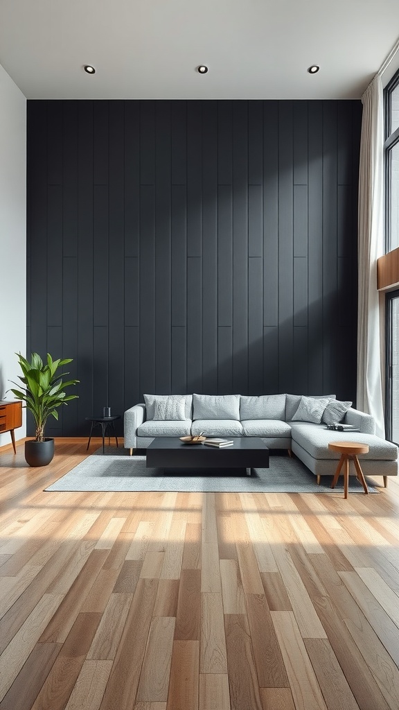 Living room with matte black accent wall and neutral furniture.