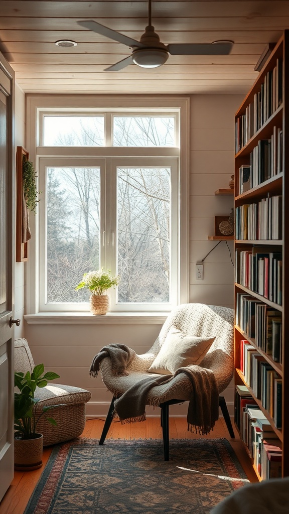 A cozy nook with a chair, bookshelves, and natural light for reading.
