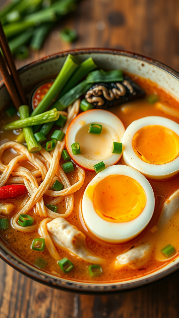 A bowl of vegetable and chicken ramen topped with boiled eggs and green onions.