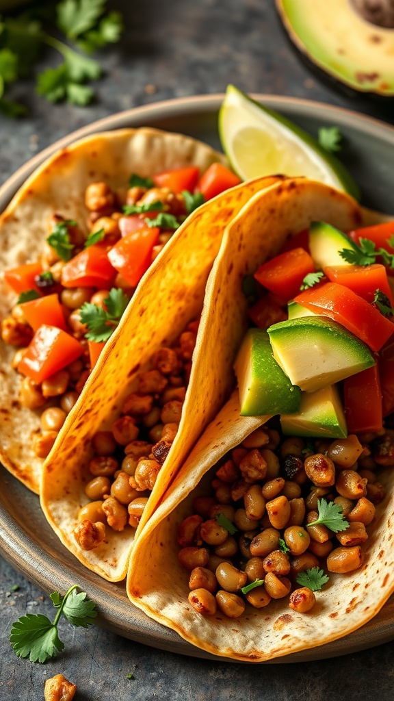 Three vegetable lentil tacos topped with diced tomatoes and avocado on a plate