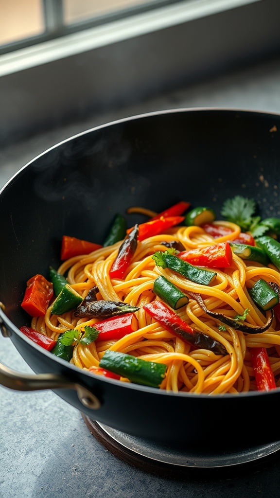 A bowl of vegetable soba noodle stir-fry with red and green peppers and herbs.
