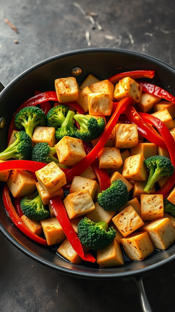 A colorful vegetable stir-fry featuring tofu, broccoli, and red peppers in a pan.