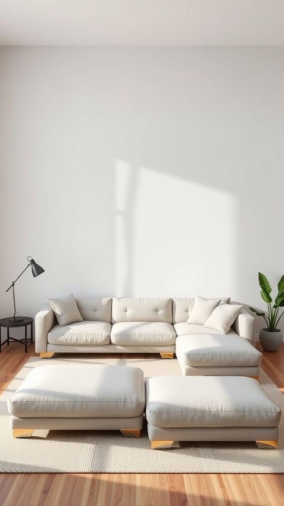 A clean-lined modular sofa with light fabric in a bright room.