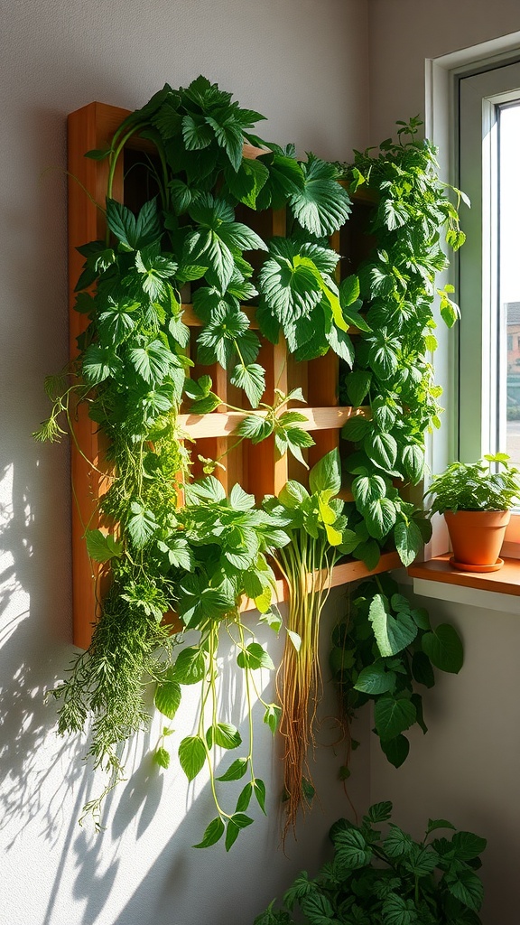 A vertical garden with various green herbs growing on a wooden structure.