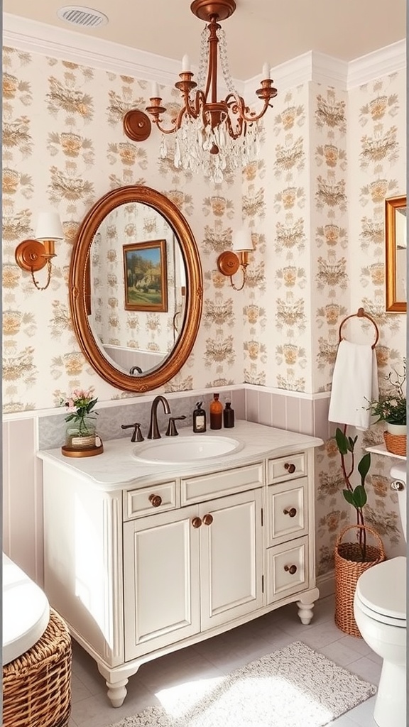 A stylish vintage bathroom featuring a light gray vanity, round mirror, and elegant light fixtures.