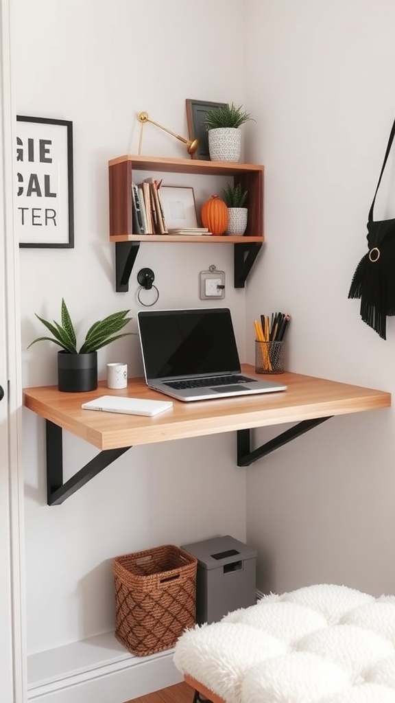 A stylish wall-mounted folding desk with a laptop, plants, and decorative items, showing an efficient use of space.