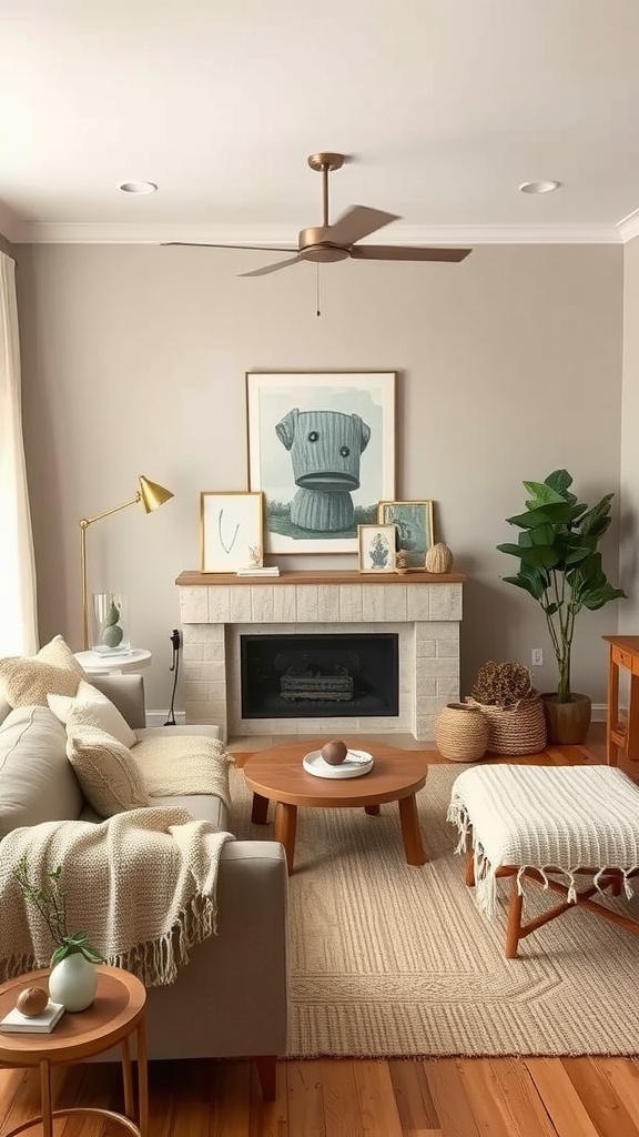 A cozy living room with warm beige tones featuring a comfortable sofa, wooden coffee table, and decorative elements.