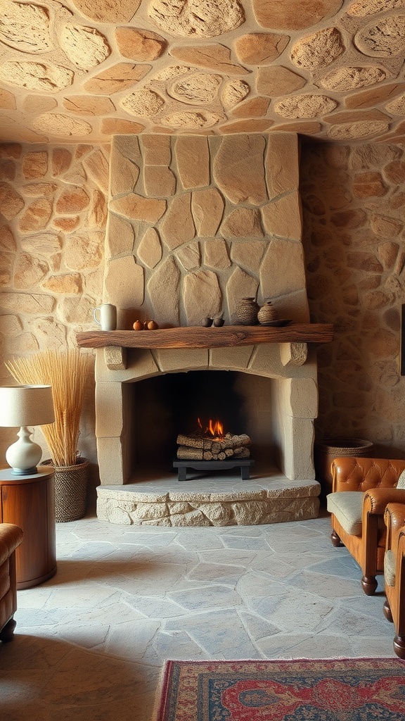 A warm, cozy living room featuring stone textures, a fireplace, and comfortable seating.