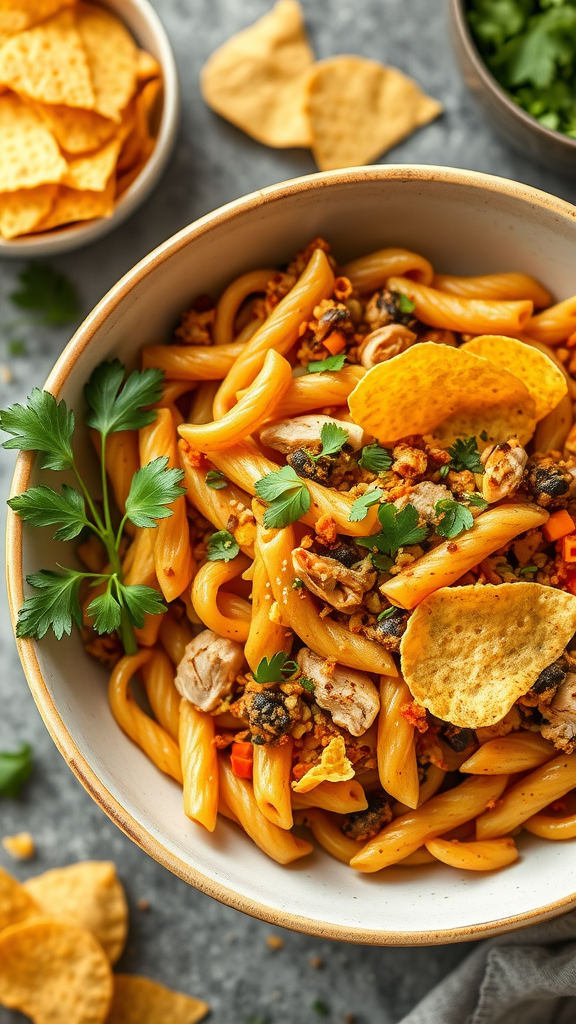 A bowl of zesty chicken taco pasta garnished with cilantro and tortilla chips.