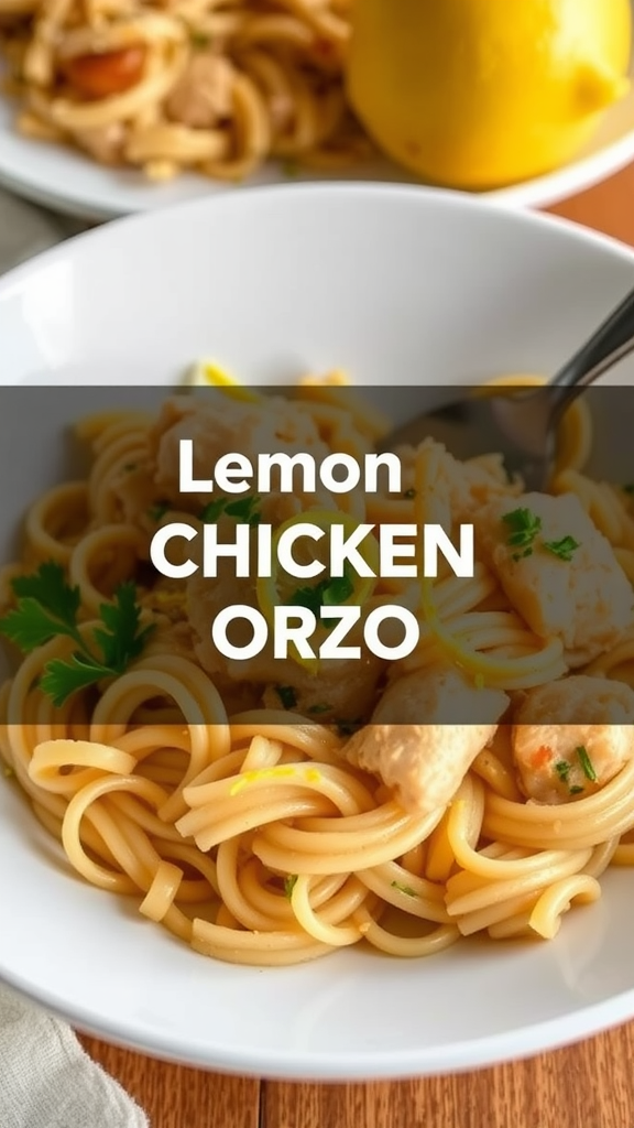 A bowl of lemon chicken orzo pasta garnished with parsley.