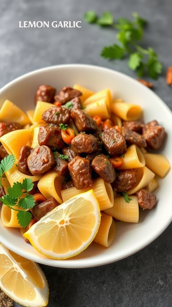 A bowl of lemon garlic beef and bowtie pasta, garnished with parsley and served with lemon slices.