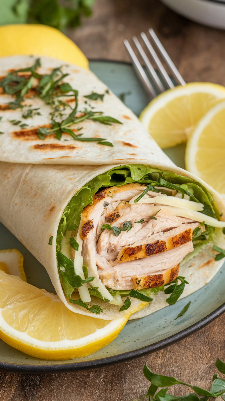 A grilled chicken wrap with greens and lemon slices on a plate.