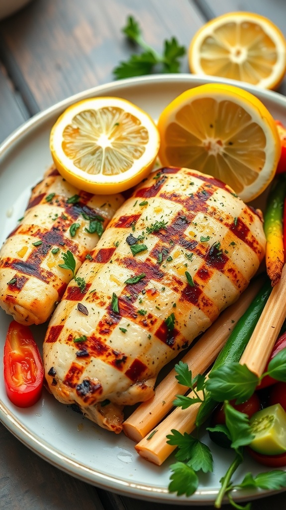 Grilled chicken breast with lemon and herbs served with colorful vegetables.