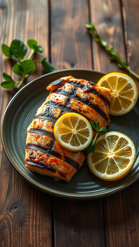 Grilled chicken breast garnished with lemon slices on a plate