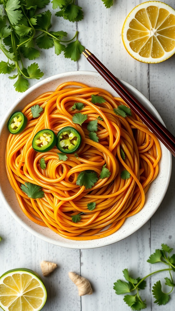 A bowl of zesty lime and ginger Mongolian noodles garnished with cilantro and sliced jalapeños.