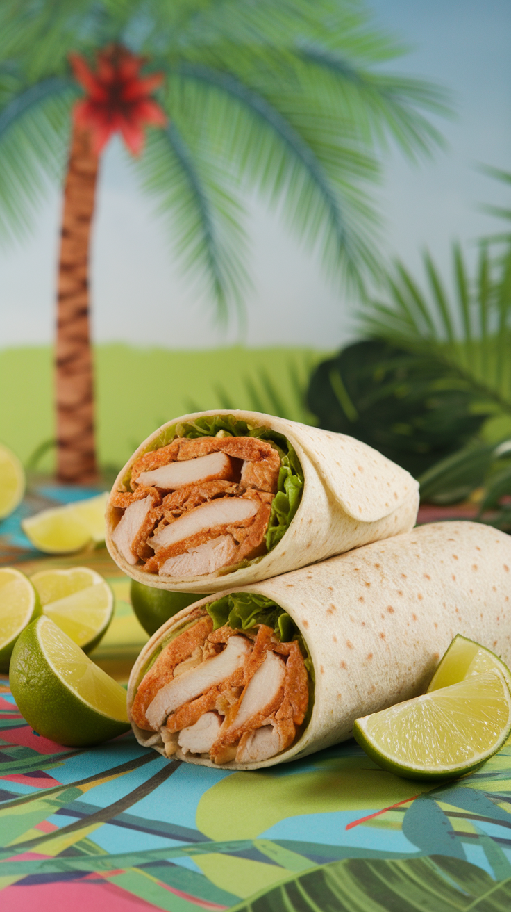 Two chicken and cheese wraps with lime slices on a colorful tropical background.