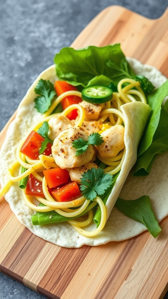 Zucchini noodle cheesy garlic chicken wrap with colorful veggies