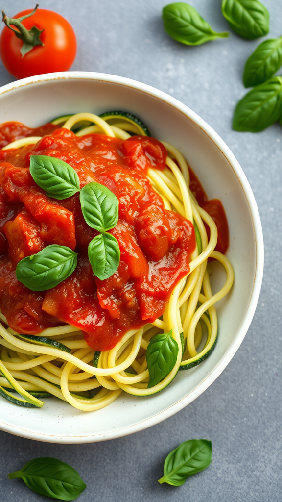 Bowl of zucchini noodles topped with marinara sauce and fresh basil leaves.