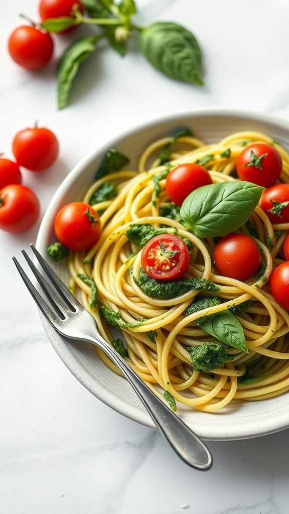 A bowl of zucchini noodles with pesto, garnished with cherry tomatoes and basil.