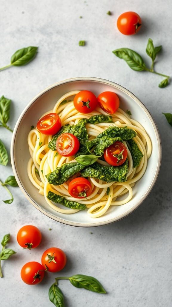 A bowl of zucchini noodles topped with pesto and cherry tomatoes, surrounded by fresh basil.