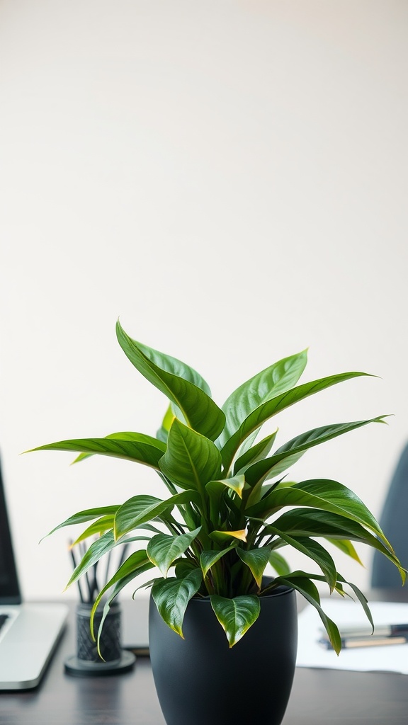 A ZZ plant in a sleek black pot on a desk, with a laptop and stationery in the background.