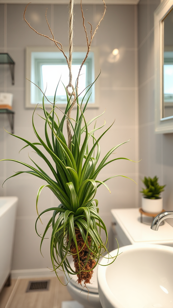 A hanging air plant in a modern bathroom setting