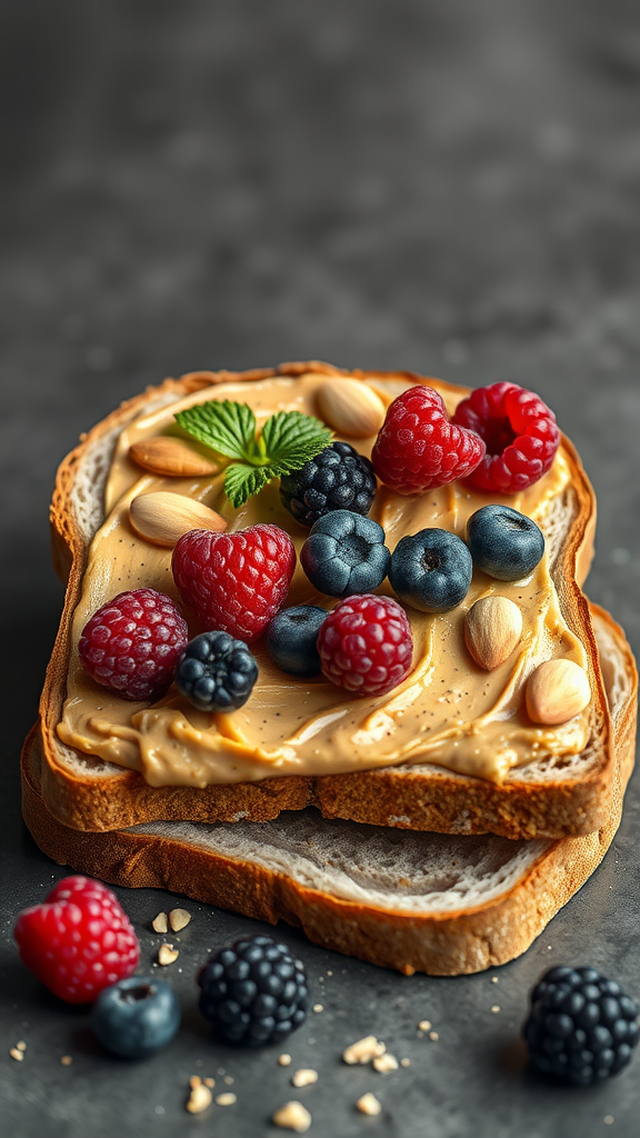 A sandwich made with almond butter and topped with various berries on whole-grain bread.