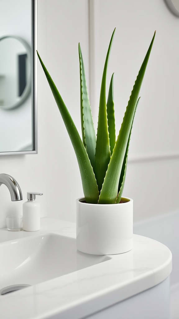 Aloe vera plant in a white pot on a bathroom sink