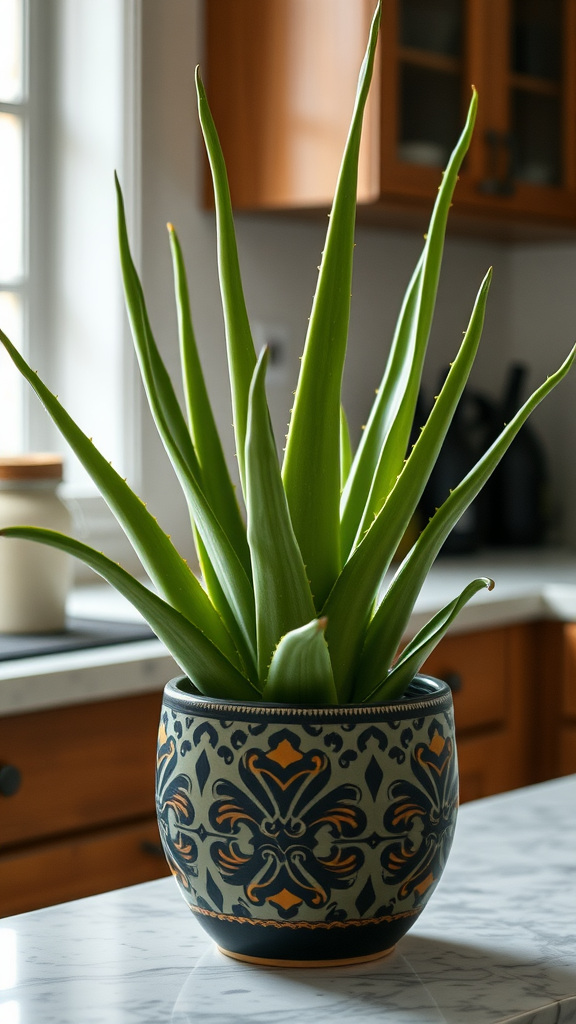 Aloe Vera plant in a decorative pot on a kitchen countertop