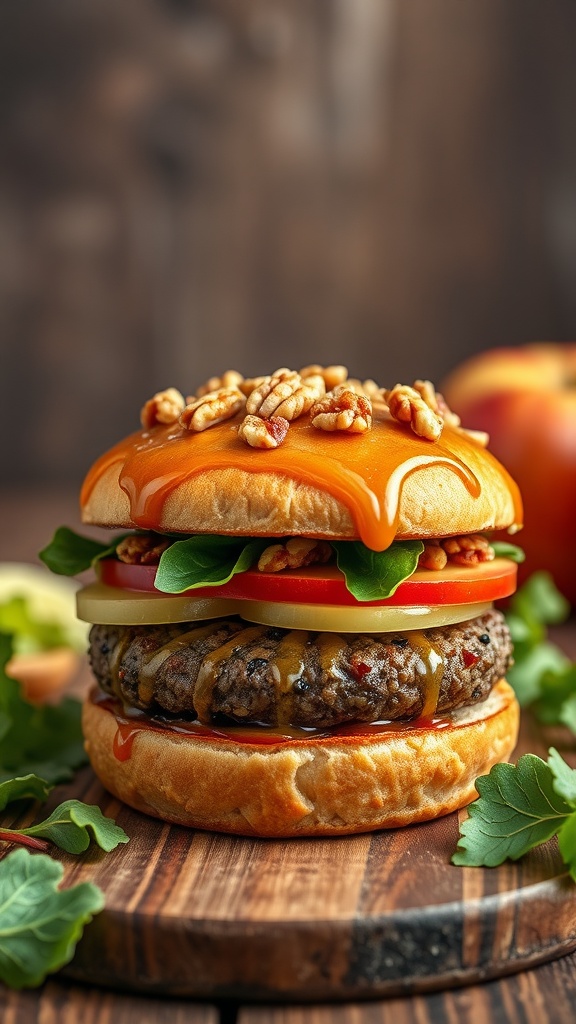 A delicious plant-based apple and walnut burger stacked with toppings.