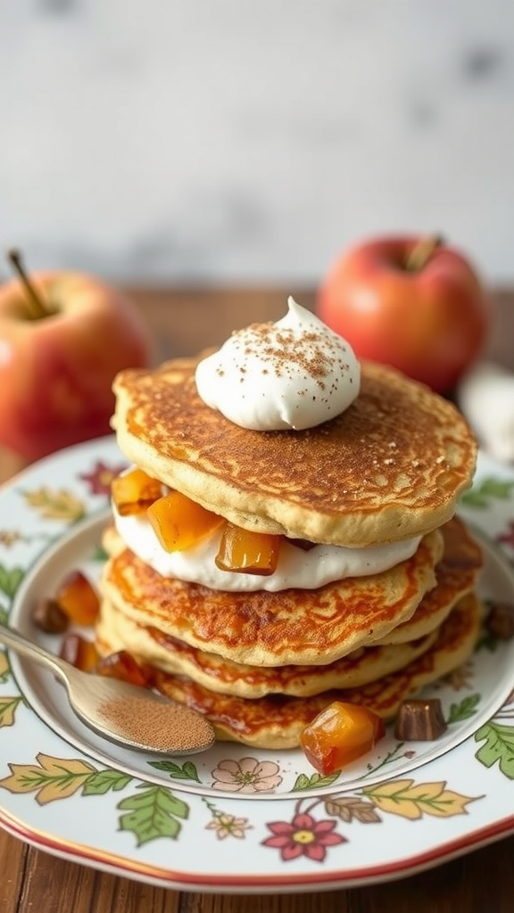 Delicious stack of apple cider pancakes topped with whipped cream and apple chunks