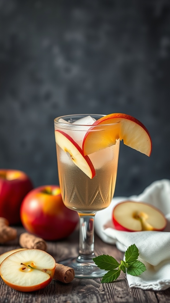 A refreshing Apple Ginger Spritzer in a glass with apple slices and mint leaves.