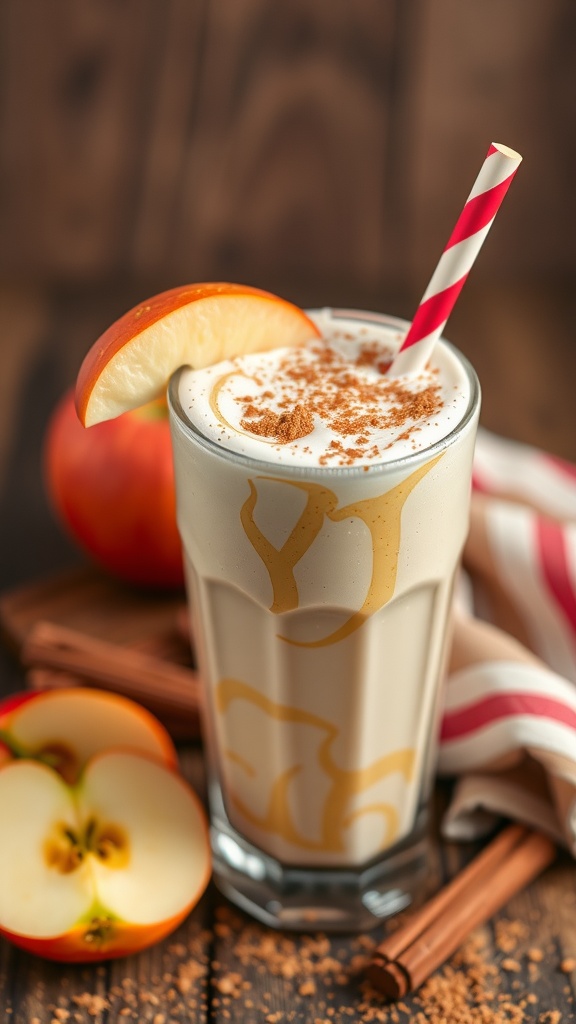 A delicious apple pie milkshake topped with whipped cream and a slice of apple, perfect for fall.