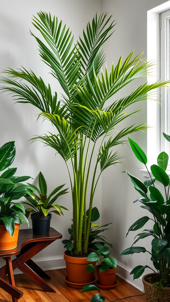 A tall Areca Palm in a bright room, surrounded by other indoor plants.