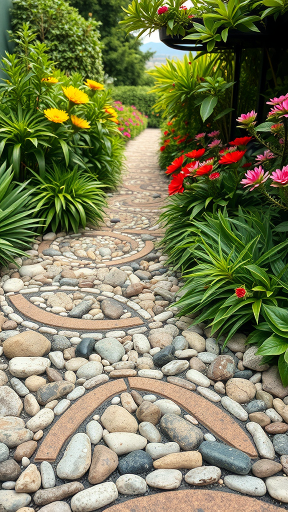 A beautifully designed pebble pathway lined with colorful flowers