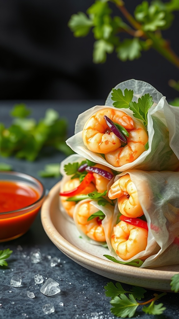 Freshly made Asian rice paper rolls with shrimp and vegetables, served with a dipping sauce.