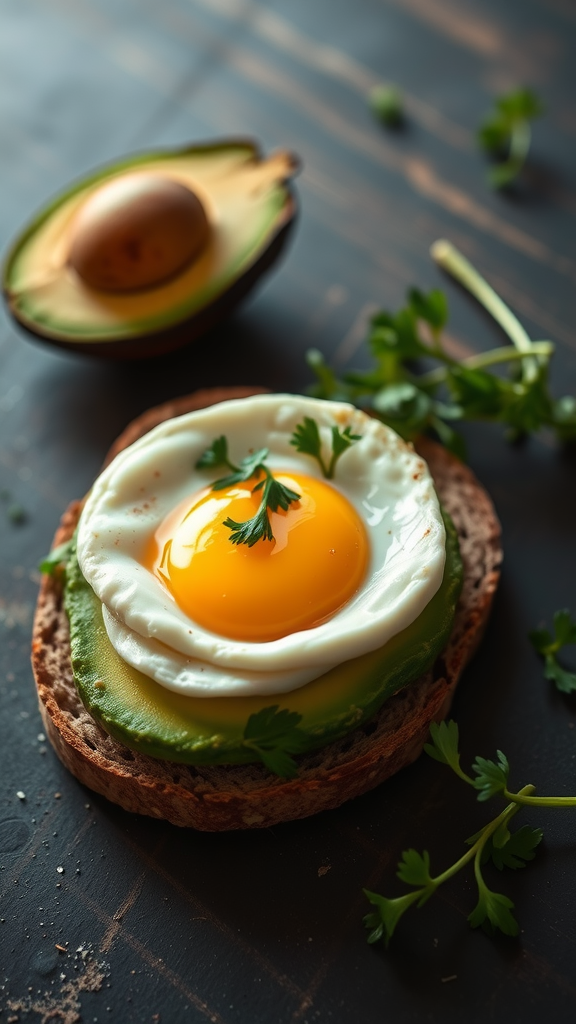 A delicious avocado and egg white sandwich topped with a sunny-side-up egg and fresh herbs