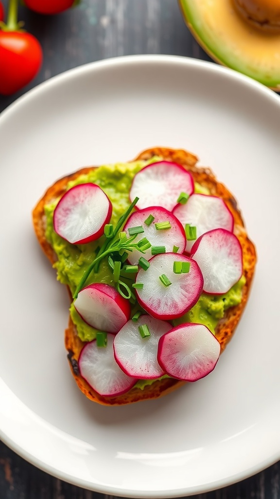 Avocado toast topped with radishes and chives on a white plate.