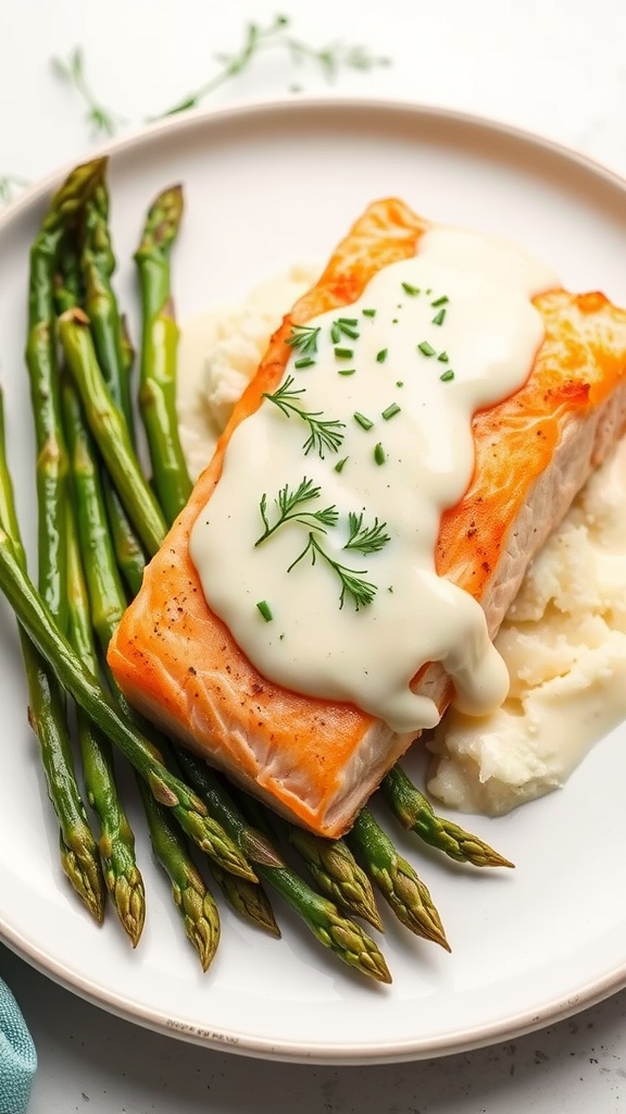 Baked salmon with dill sauce served with asparagus and mashed potatoes