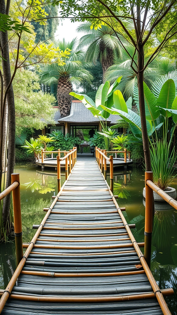 A bamboo boardwalk surrounded by lush greenery and palm trees, leading toward a serene pond.