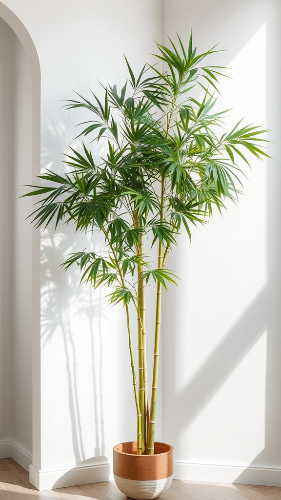 A tall Bamboo Palm with lush green leaves in a modern indoor setting