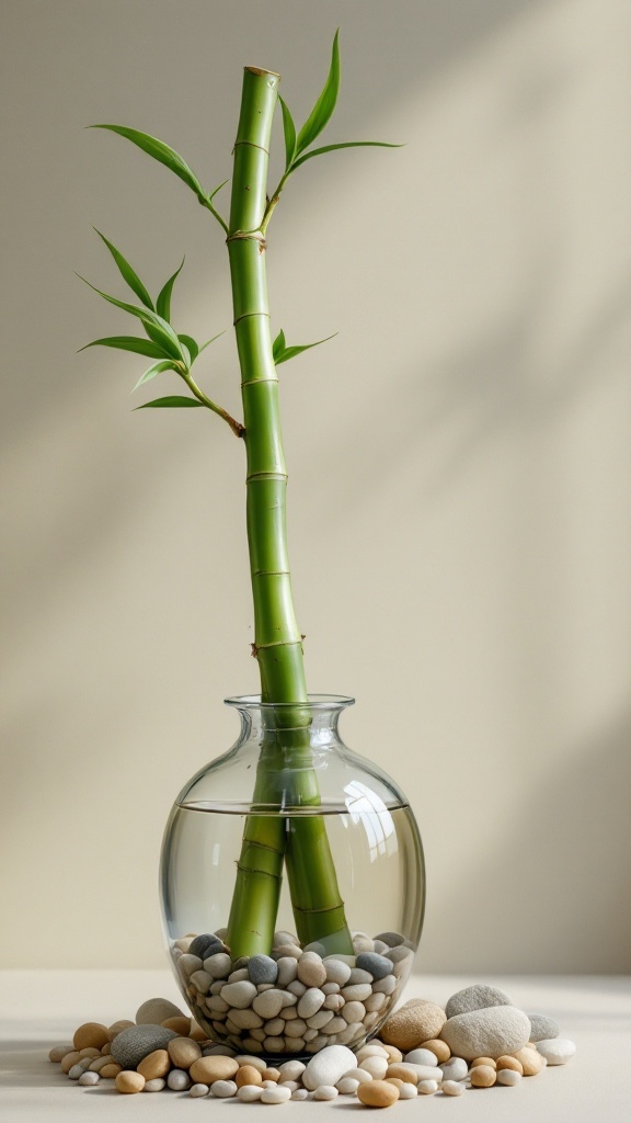 A tall bamboo plant in a clear vase filled with pebbles, symbolizing luck and prosperity.