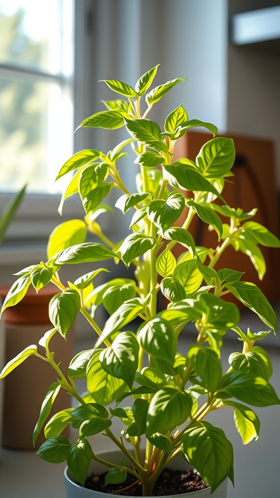 A lush basil plant in sunlight, showcasing its vibrant green leaves.