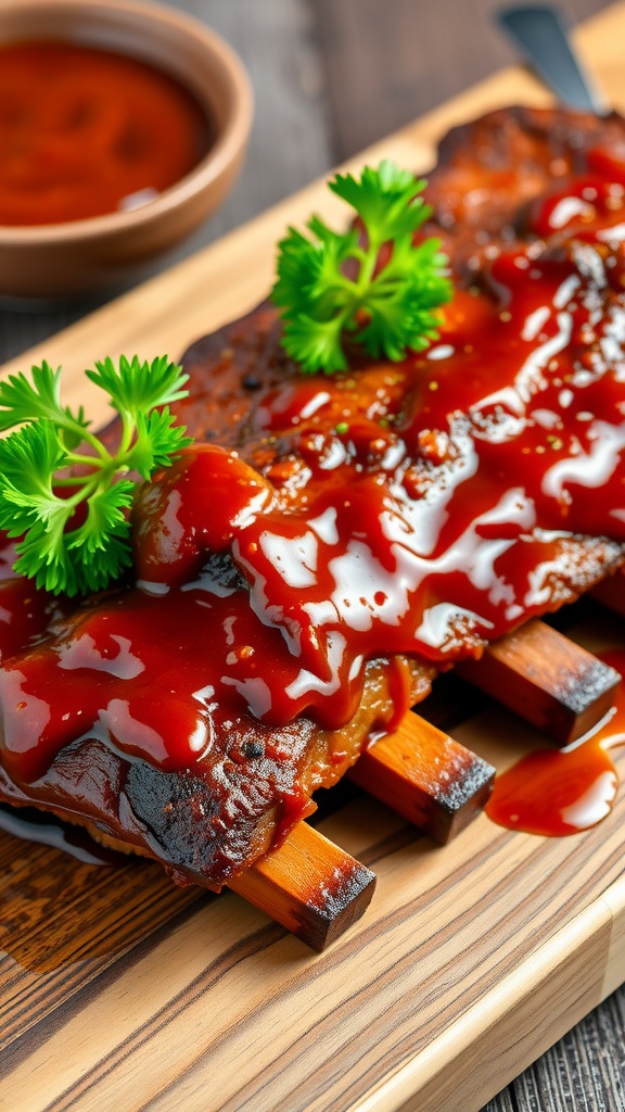 BBQ ribs with homemade sauce on a wooden board garnished with parsley.