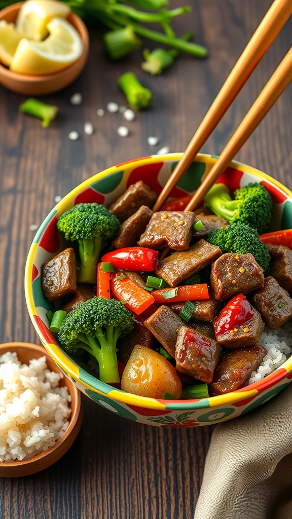 A colorful bowl of beef and broccoli stir-fry with vegetables and rice