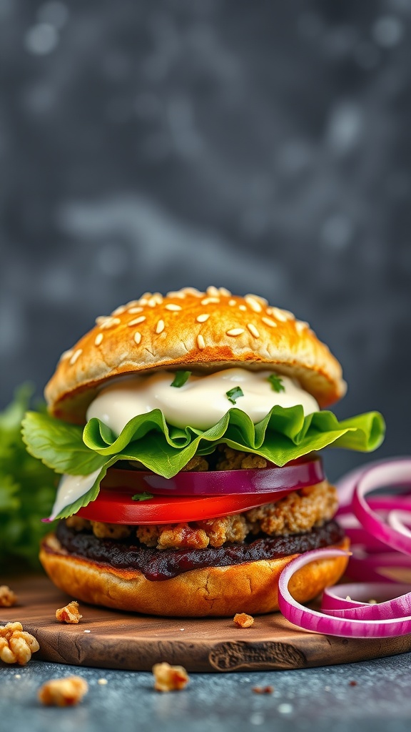 A vibrant Beet and Walnut Burger stacked with fresh vegetables.